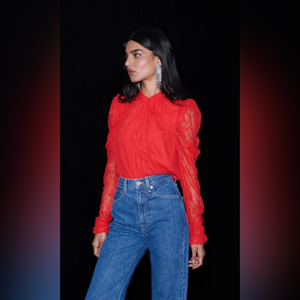 SAYLOR red lace Gladys top with rhinestone detail in back Size Medium